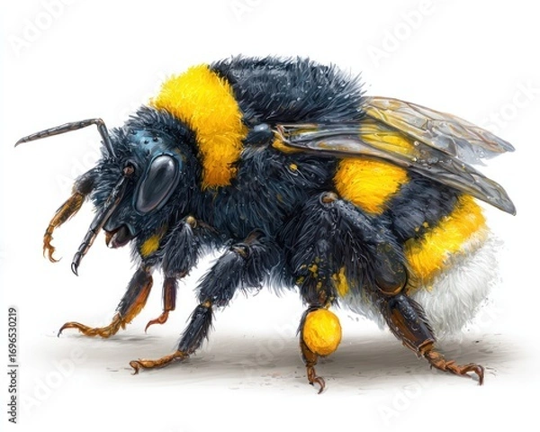 Fototapeta Detailed watercolor illustration of a bumblebee, showcasing its fuzzy texture and vibrant yellow and black markings