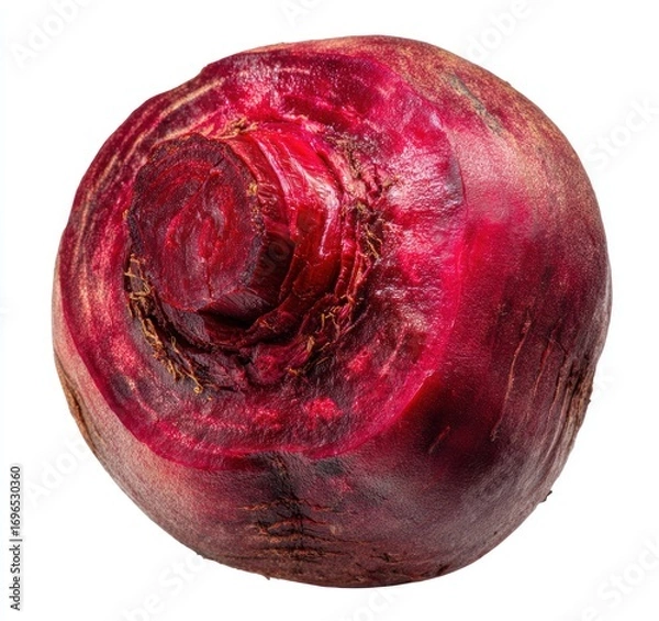 Fototapeta Close-up of a vibrant, round beetroot with deep red and purple hues and textures on a plain white background