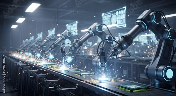 Fototapeta Futuristic smart factory with a row of industrial robotic arms welding microchips on an automated assembly line.