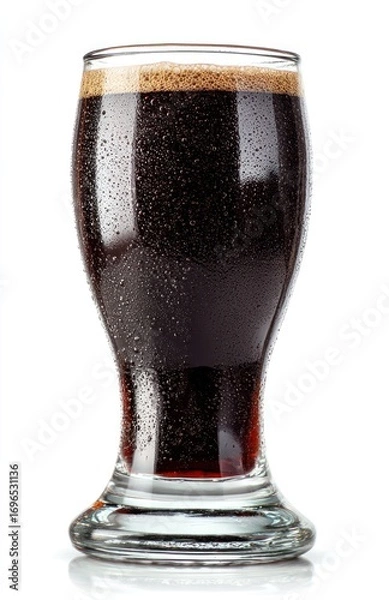 Fototapeta Tall glass of dark, foamy beverage with condensation, isolated on a white background and showing its reflection