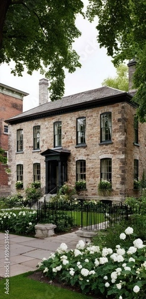 Fototapeta Stone house facade, framed by trees, with white flowers and a stone path in its front lawn