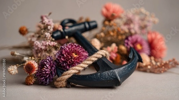 Fototapeta A dark anchor entwined with rope rests among colorful, dried flowers, all on a neutral surface in a soft-focus composition