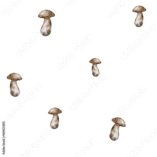 Fototapeta Watercolor seamless Pattern of boletus mushrooms on isolated background. Illustration of backdrop with edible woodland fungus for autumn fabric prints, seasonal wrapping paper or textile design