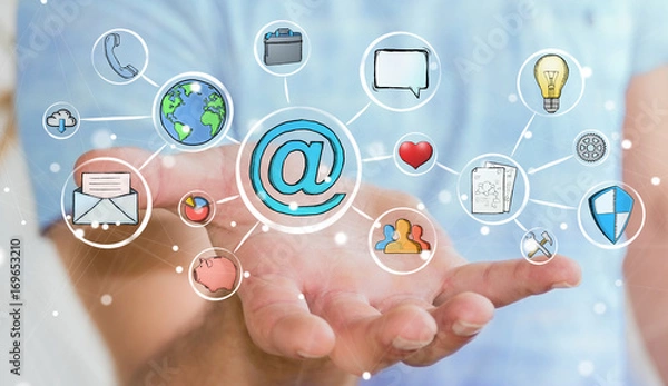 Fototapeta Businessman holding multimedia hand-drawn interface