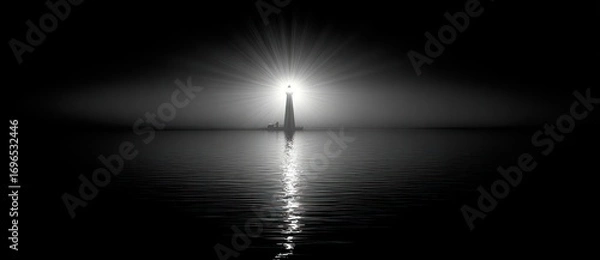 Fototapeta A black and white lighthouse shines brightly over still water, creating a striking contrast against the dark surroundings
