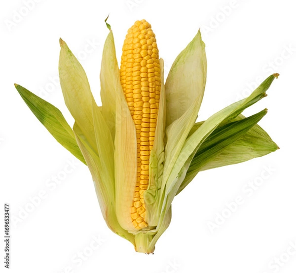Fototapeta Corn in the skin on a white background. Cob of corn close up