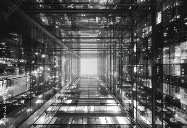 Fototapeta Abstract black & white view looking up through tall glass buildings toward a bright vanishing point