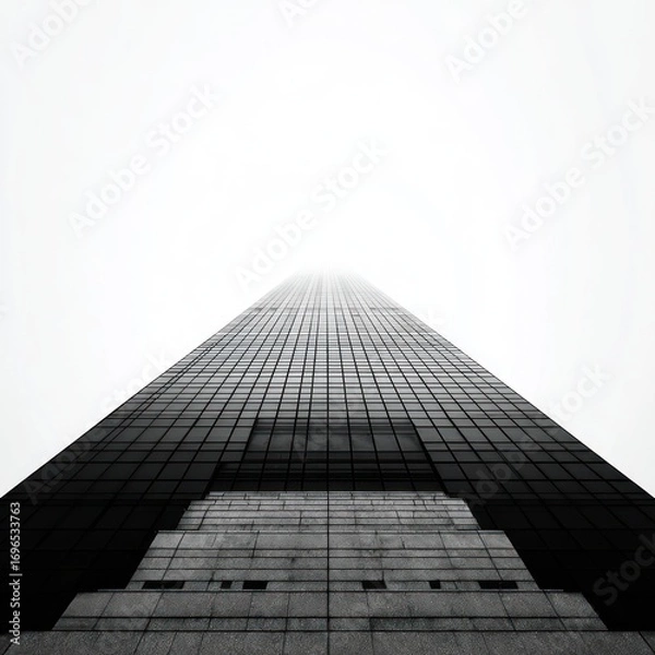 Fototapeta Low-angle shot of dark building reaching toward a bright, hazy sky in a symmetrical black and white composition