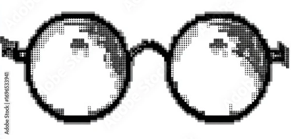 Fototapeta Pixelated glasses illustration featuring round lenses, thick frames, and bridge, on a white background