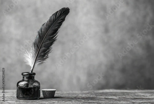 Fototapeta Moody monochrome a quill in a glass inkwell stands ready on a textured surface, evoking thoughts of authorship and old-world craftsmanship