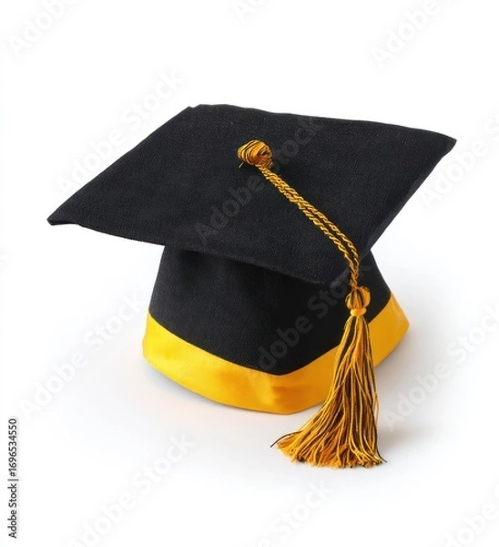 Fototapeta Black graduation cap with a gold tassel, isolated on white, casting a soft shadow. Clean, simple studio shot