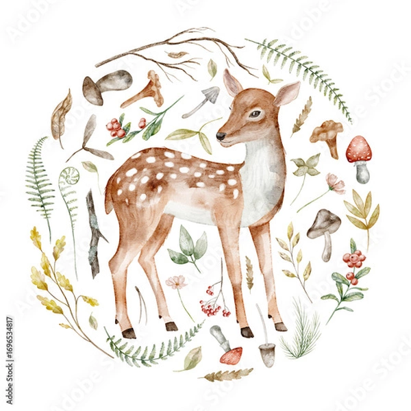 Fototapeta Fawn Watercolor illustration. Drawing of forest Deer with mushrooms, leaves and berries. Art of woodland animal with ferns and branches in circle composition for Baby invitations or greeting cards