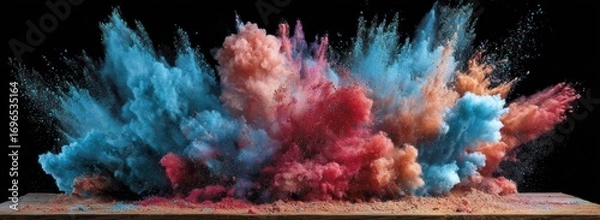 Fototapeta A dynamic explosion of vibrant blue, orange, and red powder suspended in the air, set against a stark black backdrop, resting on a wooden surface