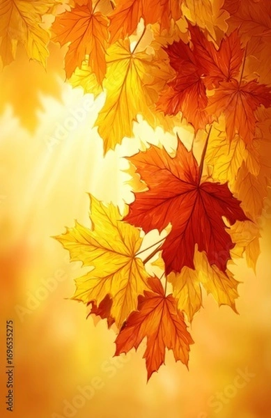 Fototapeta Warm autumnal display of maple leaves, predominantly golden and red, lit by glowing sunlight against a blurred background