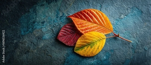 Fototapeta Three brightly colored leaves in shades of red, orange, and yellow atop a textured blue and gray stone surface