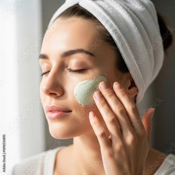 Obraz Woman applying green face mask with headband