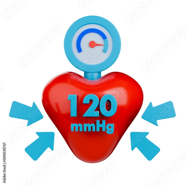 Fototapeta 3d icon of systolic blood pressure showing 120 mmHg text on contracted heart and blue arrows.