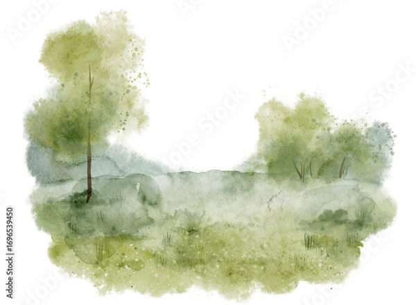 Fototapeta Watercolor Landscape with trees, meadow, and greenery. Illustration of summer field. Art of natural scene for background and seasonal decorations. Drawing of trees and forest for backdrops