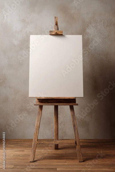 Fototapeta Wooden easel with blank canvas against a textured wall, ready for art creation and display.