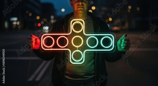 Fototapeta Man holding a glowing neon cross-shaped light fixture at night neon light cross shape