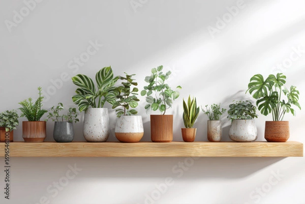 Fototapeta Assorted potted houseplants arranged on a wooden shelf against a white wall, illuminated by natural light.