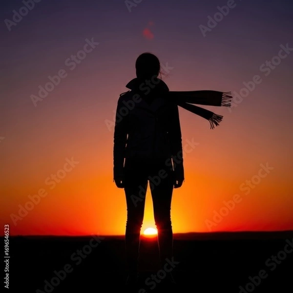 Obraz Silhouette of a person with a scarf against a vibrant sunset sky