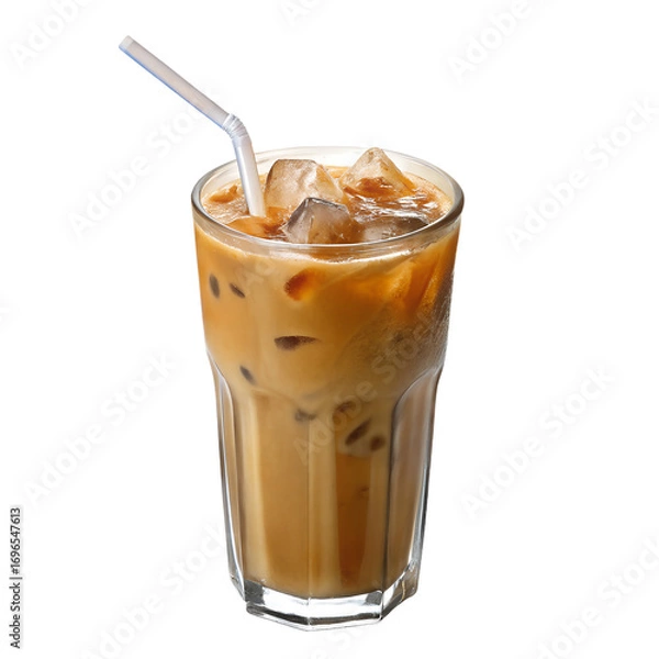 Obraz Iced coffee drink with straw isolated on transparent background, refreshing cold beverage in tall glass with ice cubes, brown coffee layers, creamy texture, perfect for cafe, summer, breakfast, and be