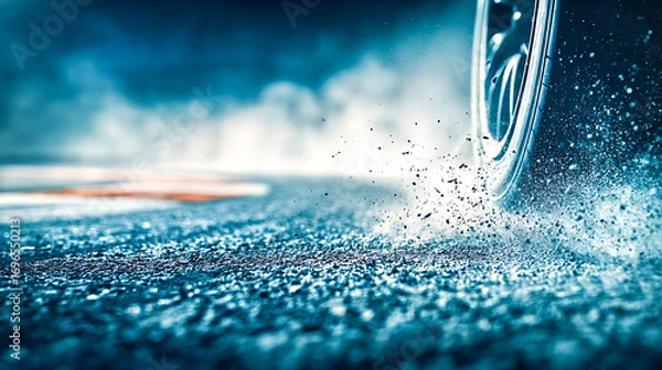 Fototapeta Race car tire burning rubber on asphalt track generating smoke and gravel