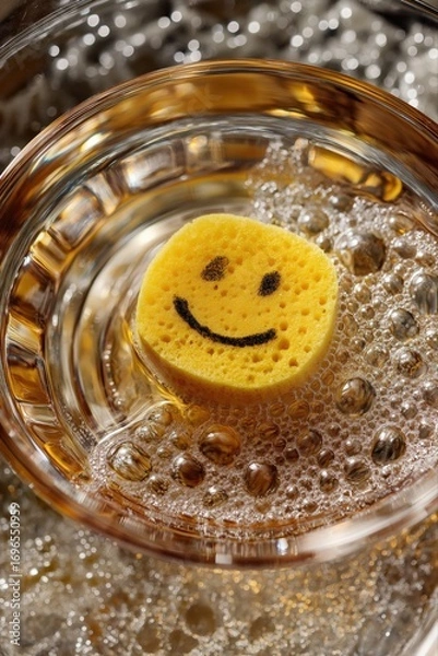 Fototapeta Smiley yellow sponge floating in soapy water with bubbles