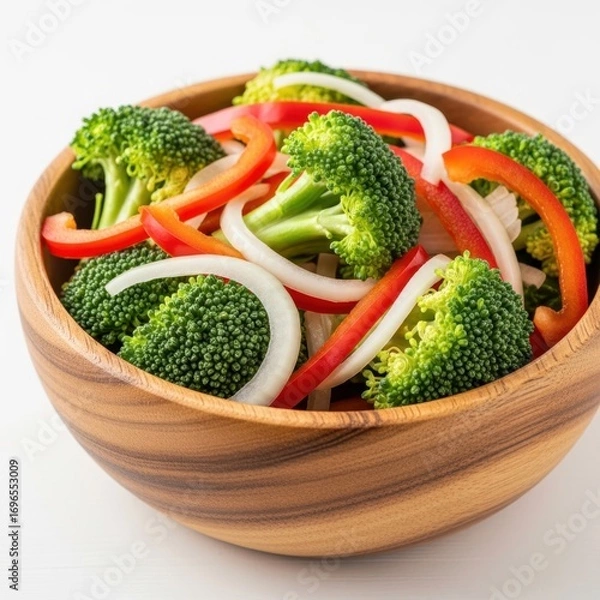 Obraz Fresh broccoli and red pepper salad in a wooden bowl