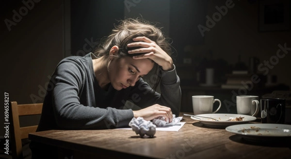 Fototapeta A frustrated woman, head in her hand, stares at crumpled papers and half eaten plates, a portrait of creative block, stress, and overwhelming emotional struggle.