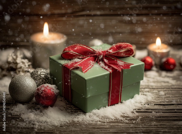 Obraz Christmas gift box with red ribbon and festive ornaments on snowy wooden background with candlelight