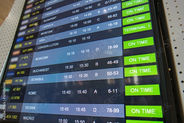 Obraz Flights, arrival and departures on information board