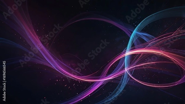 Fototapeta A vibrant, abstract digital background filled with glowing neon light trails and flowing energy waves. Bright streaks of purple, pink, and blue twist and swirl across a deep midnight gradient, leaving