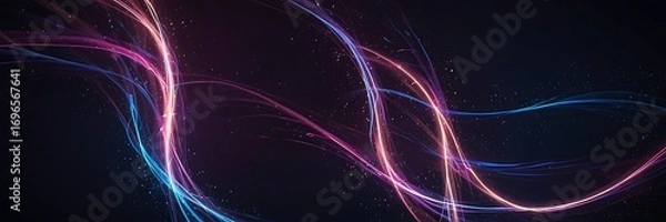 Fototapeta A vibrant, abstract digital background filled with glowing neon light trails and flowing energy waves. Bright streaks of purple, pink, and blue twist and swirl across a deep midnight gradient, leaving
