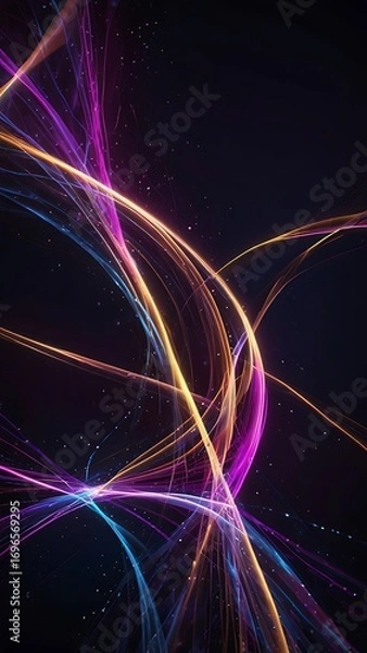 Fototapeta A vibrant, abstract digital background filled with glowing neon light trails and flowing energy waves. Bright streaks of purple, pink, and blue twist and swirl across a deep midnight gradient, leaving
