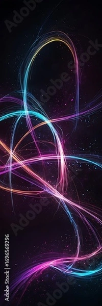 Fototapeta A vibrant, abstract digital background filled with glowing neon light trails and flowing energy waves. Bright streaks of purple, pink, and blue twist and swirl across a deep midnight gradient, leaving