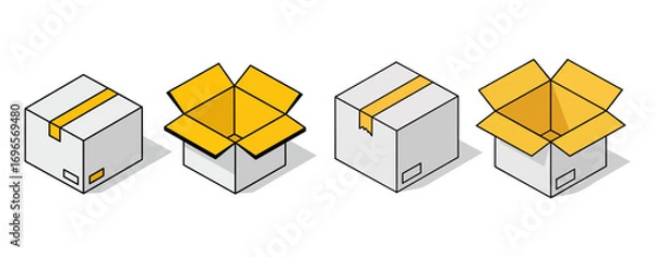 Fototapeta Vector illustration of cardboard packaging boxes in isometric style showing closed and open versions with yellow adhesive tape for shipping and storage concepts