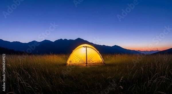 Fototapeta A glowing tent under a twilight sky, nestled in a sea of grass before a silhouetted mountain range.