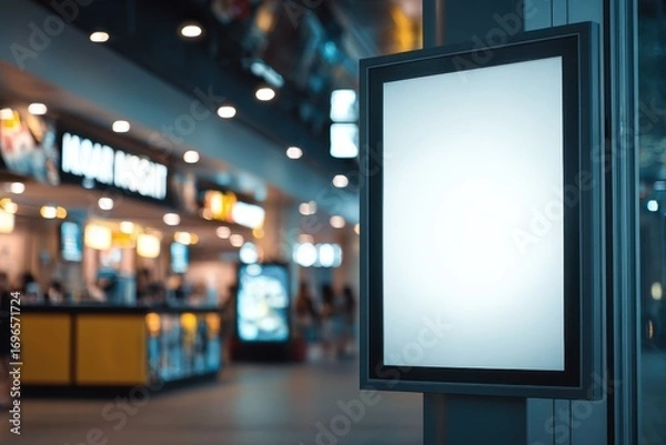 Fototapeta Movie Poster Mockup. Blank Signboard Backlight with Blurred Ticket Sales Counter in Movie Theater