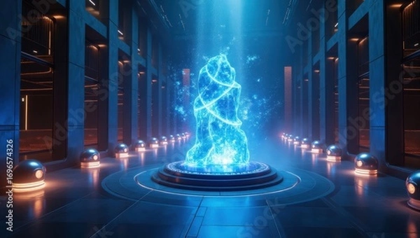 Fototapeta Futuristic AI core chamber radiates an ethereal glow with pulsating neural networks