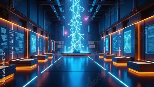 Fototapeta Futuristic AI core chamber radiates an ethereal glow with pulsating neural networks