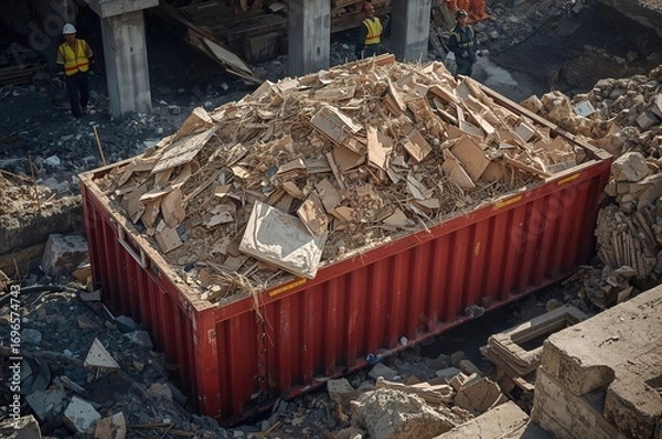 Fototapeta Dumpster filled with scrap drywall and construction debris at a building site