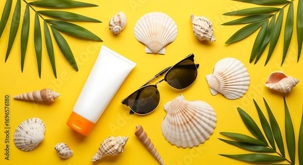 Fototapeta Summer vacation essentials flat lay with sunscreen, sunglasses, and seashells on a yellow background