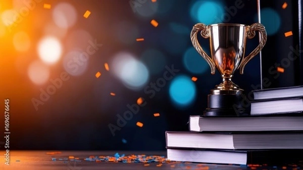 Fototapeta Celebrating academic achievement with a trophy on stacked books