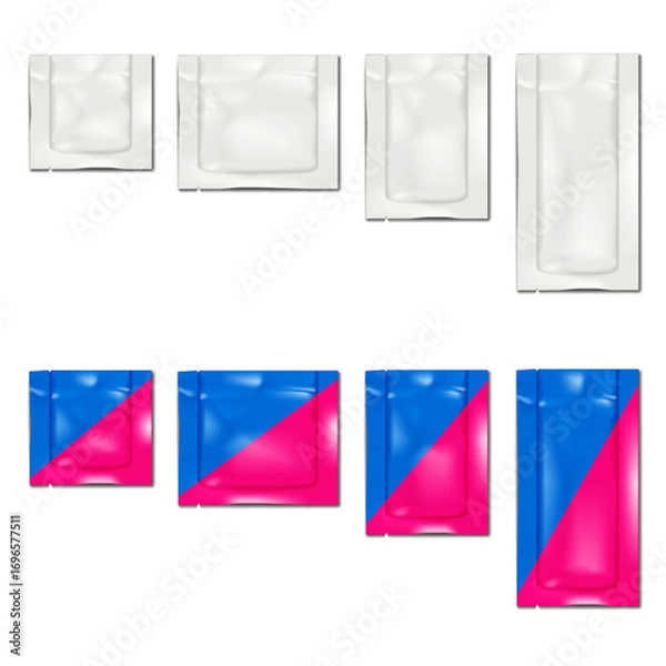 Fototapeta Sachet with tear notches. 3d mockup. Blank white and color design. Easy to edit. Flat plastic pouch bag. Realistic vector mock-up. Retail product individual wrapper package. Template set