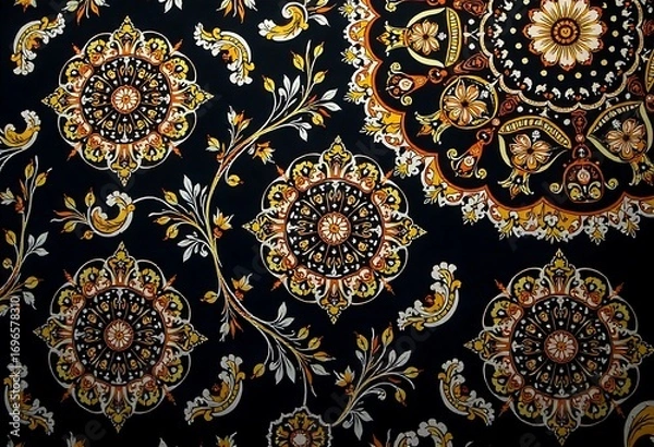 Fototapeta Luxurious Black Fabric with Ornate Floral and Geometric Patterns