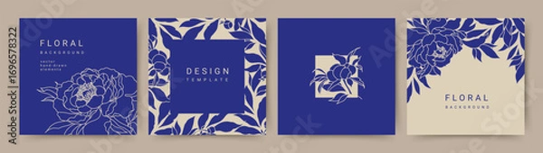 Fototapeta Elegant luxury blue background with hand drawn floral pattern. Floral frame. Vector templates for wedding invitation, greeting card, packaging, branding, design, social media