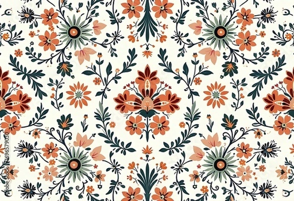 Fototapeta Whimsical floral pattern with rich colors on a cream background.