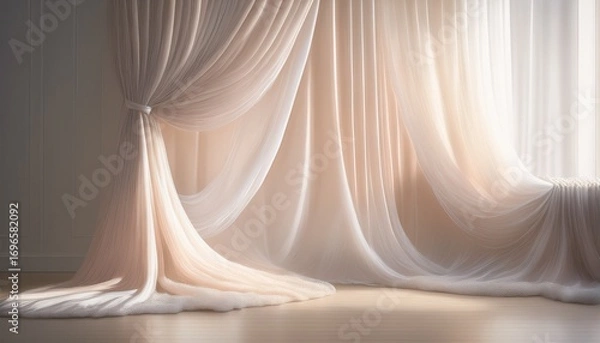 Fototapeta thin pastel curtains shrouded in white mist with soft shadows and subtle textures